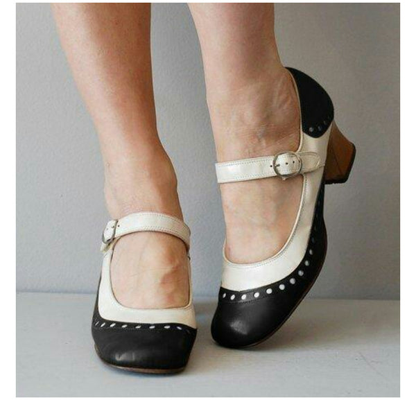 Round Toe Women's Fashion Retro Elegant Heels Buckle Brogue Heels