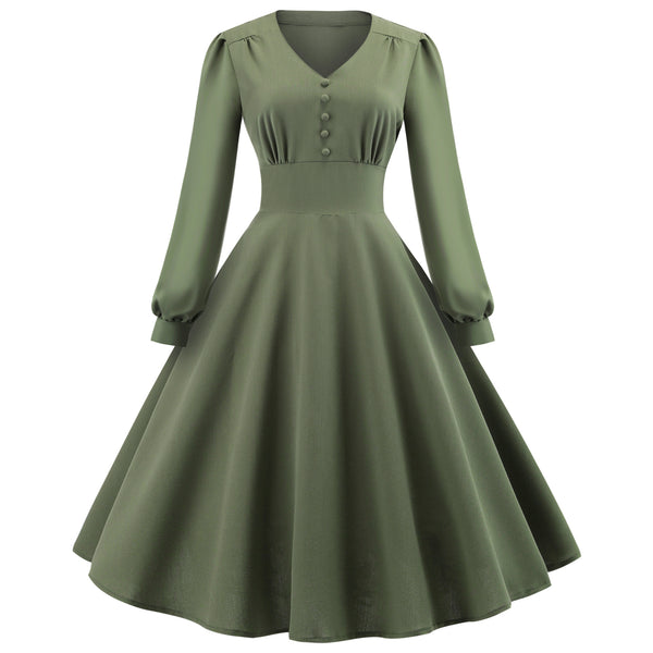 New V-neck Retro Long-sleeved Pendulum Button Dress Elegant Tutu Skirt