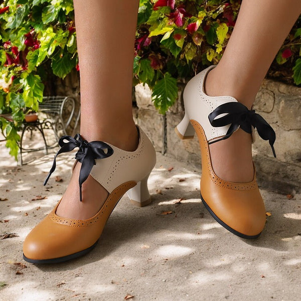 Vintage College Mary Jane Women's Shoes High Heels Color Matching Round Head Thick Heel Lace-up Hollow