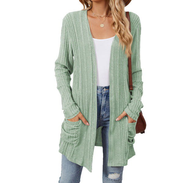 New Solid Color Pit Strip Abraded Pocket Cardigan Long-sleeved Jacket Women