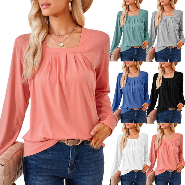 Autumn and Winter Solid Color Square Neck Pleated Jacquard Long Sleeve Loose T-shirt Top Women