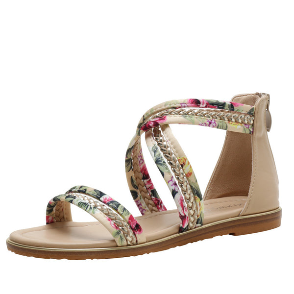 Sandals Female Summer Flat Bottom Fairy Style New Open-toed Flower Cloth with Non-slip Roman Shoes