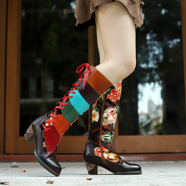 Hand-polished Leather Print Colorful Stitching Lace-up Thick-heeled High-heeled Boots