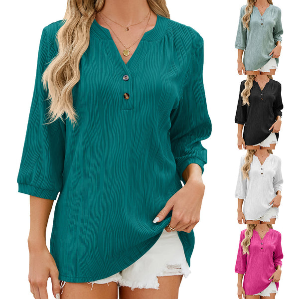 Spring and Summer New Solid Color V-neck Loose Button Medium Sleeve T-shirt Women's Top