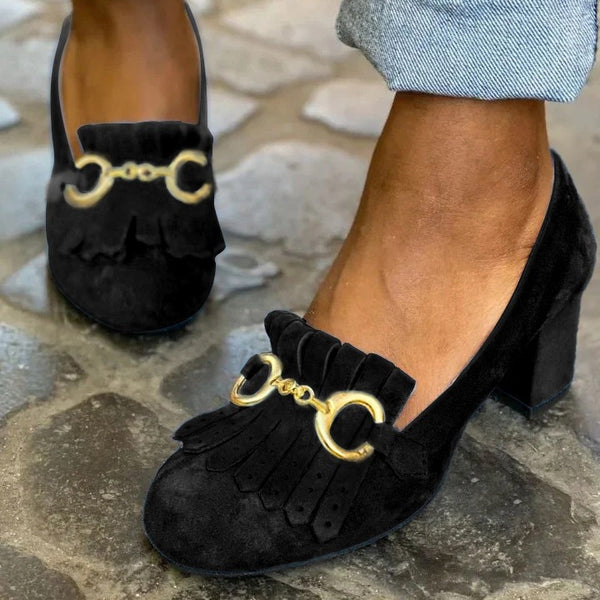 Round Toe Shallow Mouth Suede Elegant Block Heel Loafers