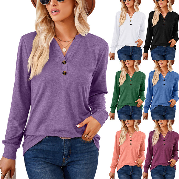 New Solid Color V-neck Button Loose Long-sleeved T-shirt Top Women