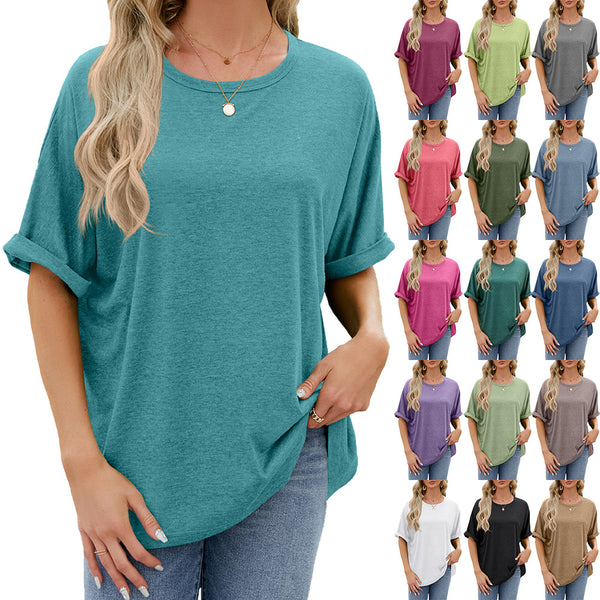 Solid Color Round Neck Loose Short-sleeved T-shirt Top Women