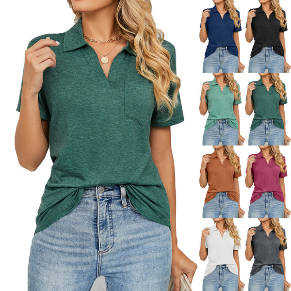 Solid Color Short-sleeved Lapel Pocket Loose T-shirt Top Women