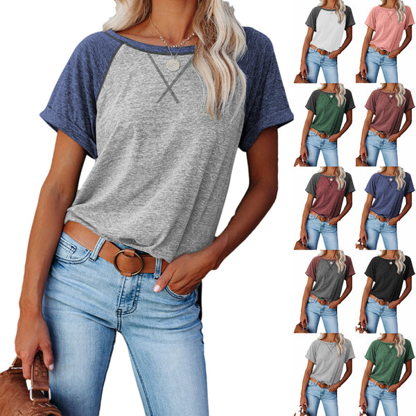 New Women's Top Amazon Color Matching Cross Loose Short Sleeve Loose Casual T-shirt