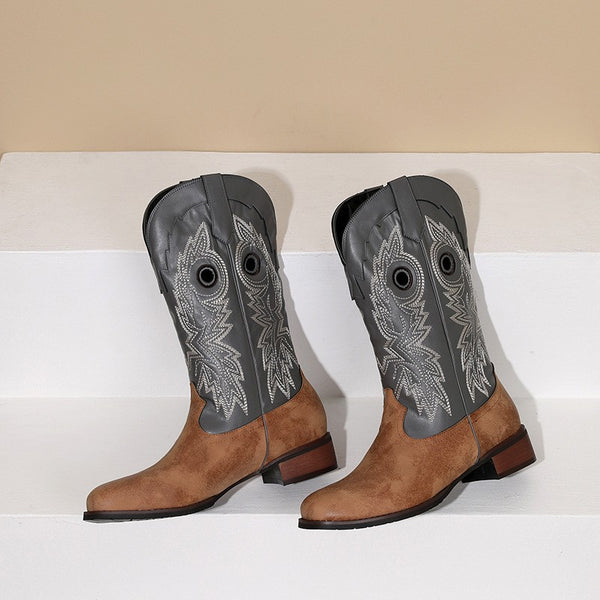 Retro Embroidery Color Matching Men's Boots Women's Boots Low Heel Short Boots Western Cowboy Boots