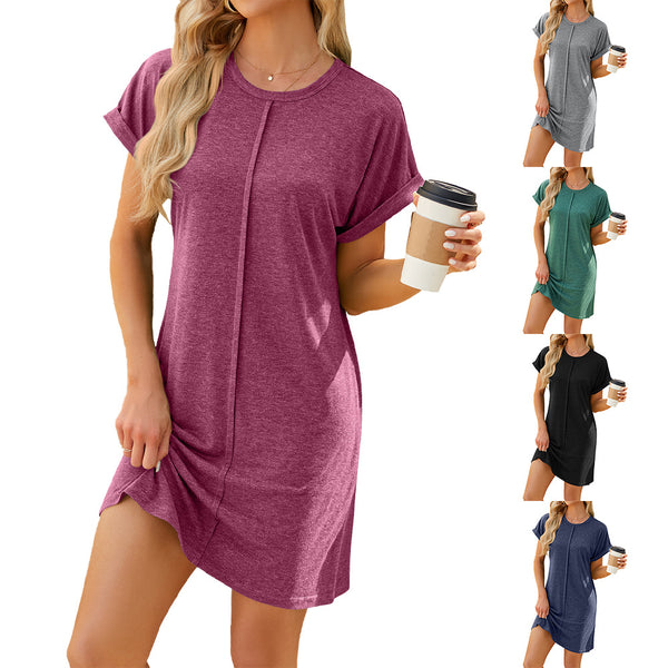 Crew Neck Solid Color Curled Edge Short Sleeve Loose Casual Dress Women