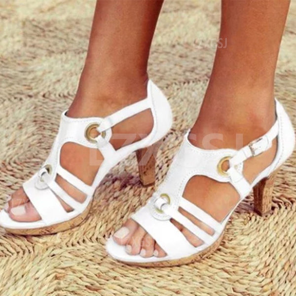 1950S Style Metal Decoration High Block Heel Round Head Fashionable Versatile Elegant Retro Sandal Heels