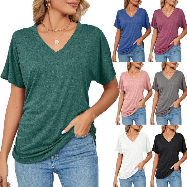 Casual Pullover V-neck Solid Color Loose T-shirt Women's Top