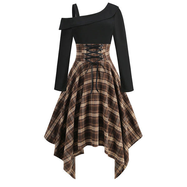 Off-the-shoulder Waist Retro Punk Dress Irregular Plaid Long-sleeved Splicing Dress