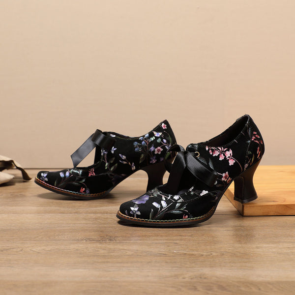 Retro Women's Single Shoes Casual Flower Women's High Heels