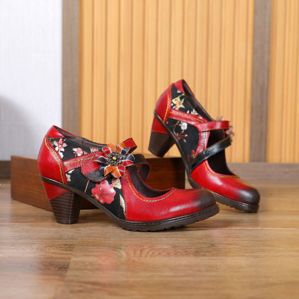 First Layer Cowhide Retro Flower Women's Shoes Red High Heels Fashion Single Shoes