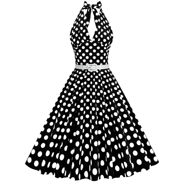 Women's Polka Dot Dress Splicing Belt Hanging Neck Retro Elegant Dress