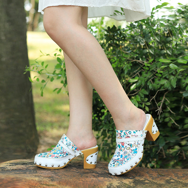 Handmade Leather Print Fresh Floral Pastoral Style Casual Fashion Comfortable High Heeled Sandals