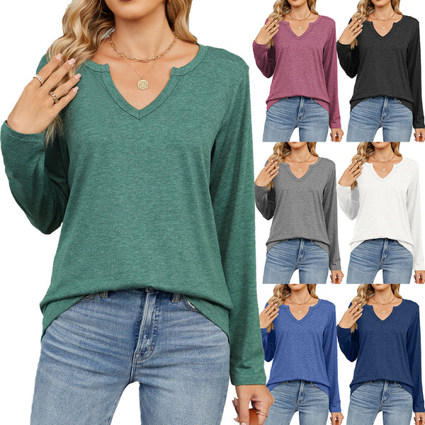 Autumn and Winter V-neck Long-sleeved Loose T-shirt Solid Color Women's Top