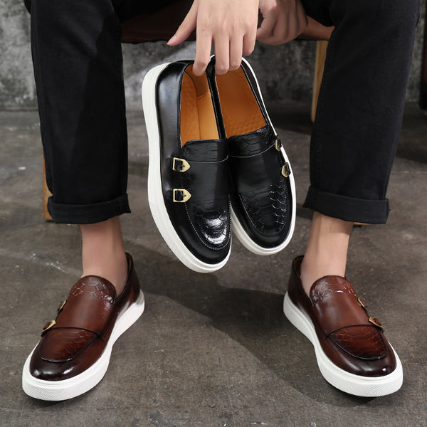 Double Buckle Casual Men's Shoes Black Men's Leather Shoes One-pedal Shoes Men's Platform Height-increasing Shoes