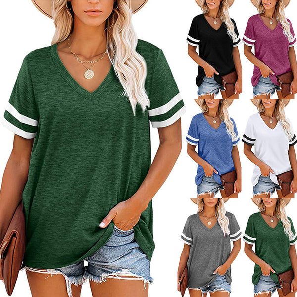 Summer New V-neck Short-sleeved Color Matching T-shirt Loose Casual Top