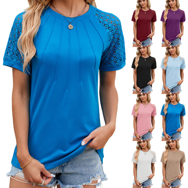 Solid Color Crew Neck Lace Splicing Short Sleeve T-Shirt Top Women