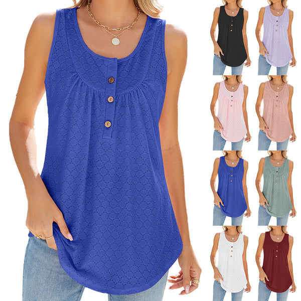 Summer New Solid Color Round Neck Button-up Vest Sleeveless Top