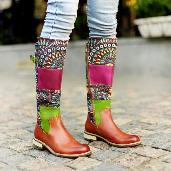 Retro Women's Boots Splicing Contrasting Color Round Head Long Women's Boots Knee-length Warm Boots