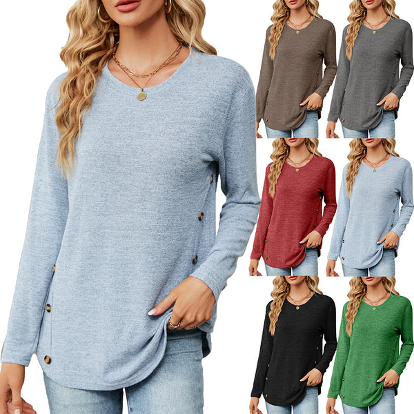 Women's Autumn and Winter New Crew Neck Long Sleeve Loose Button T-Shirt Top Women