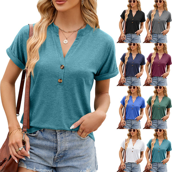 Spring and Summer New Solid Color V-neck Button-down Loose Short-sleeved T-shirt Top