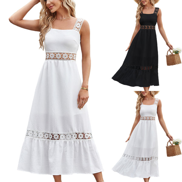 Solid Color Hollow Lace Splicing Square Neck Sleeveless Suspender Dress