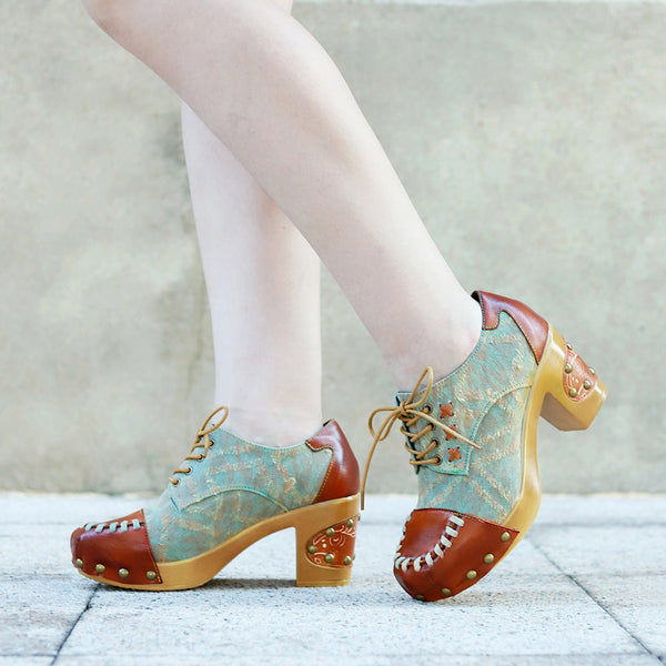 Hand-polished Leather Retro Splicing Rivets Comfortable Thick Heel Single Shoes