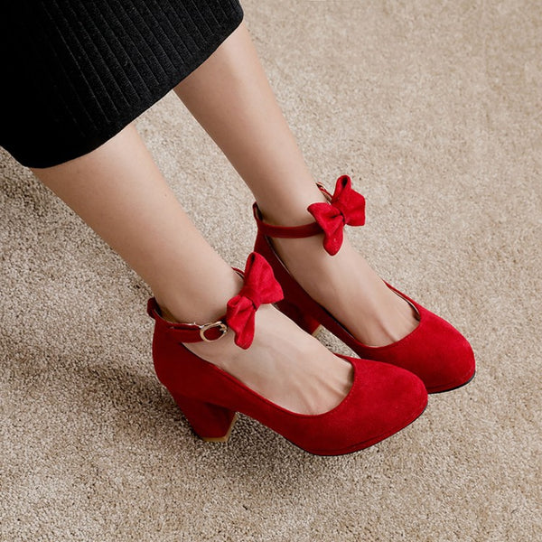 Fashion Women's Retro High Heels Light Mouth Thick Heel Cute Sweet Bow Buckle Mary Jane Shoes