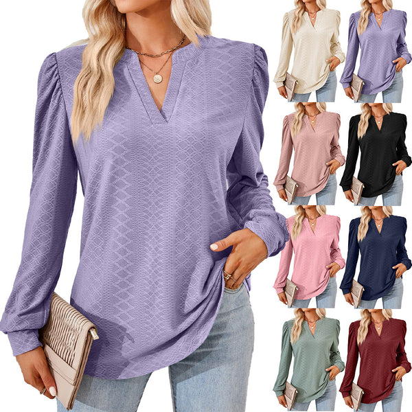 Autumn and Winter New Solid Color V-neck Jacquard Long-sleeved Loose T-shirt Top Women