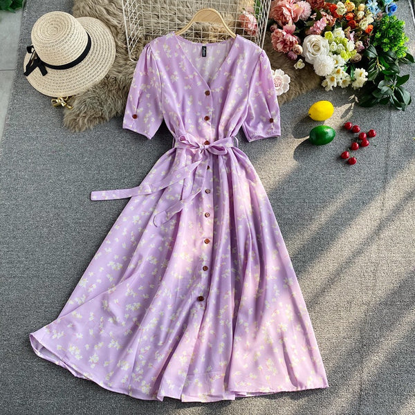 Temperament Floral Dress Short-Sleeved Autumn New Temperament Collar Strap Waist Thin Pendulum Long Skirt