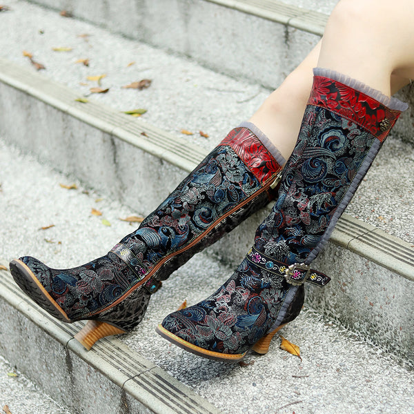 Hand-polished Stitching Retro Court Lace Edge High-heeled Boots