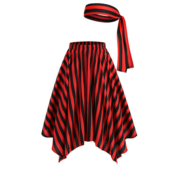 Women's Belt Black and Red Striped Irregular Hem Skirt