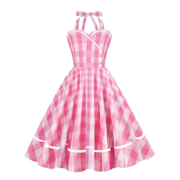 Neck Barbie Pink Webbing Retro Elegant Splicing Plaid A-Line Dress