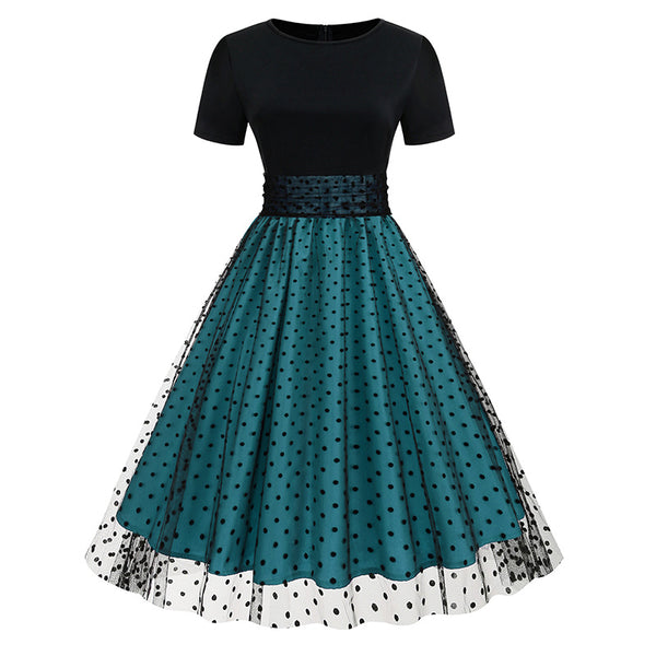 Crew Neck Short-sleeved Polka Dot Stitching Retro Elegant Dress