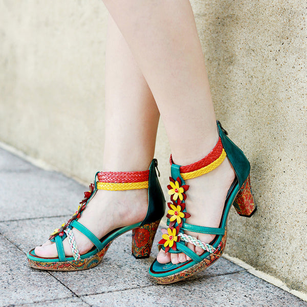 Genuine Leather Hand-polished Woven Belt Splicing Retro Fashion High-heeled Sandals