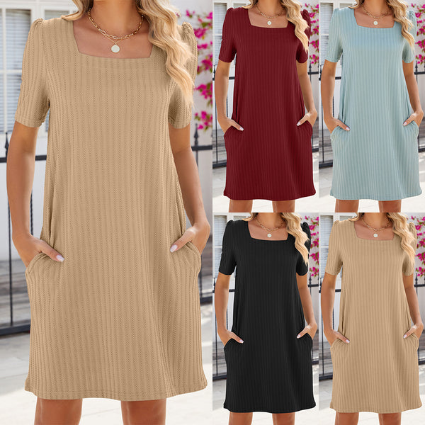 Spring and Summer New Solid Color Square Neck Short-sleeved Loose Pocket Dress