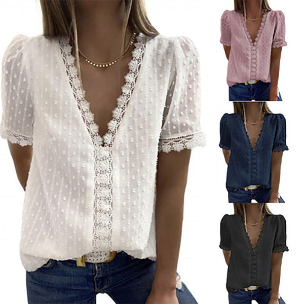 Deep V-neck Chiffon Shirt Embroidered Lace Short-sleeved Top Front and Rear Lining Women's T-Shirts 