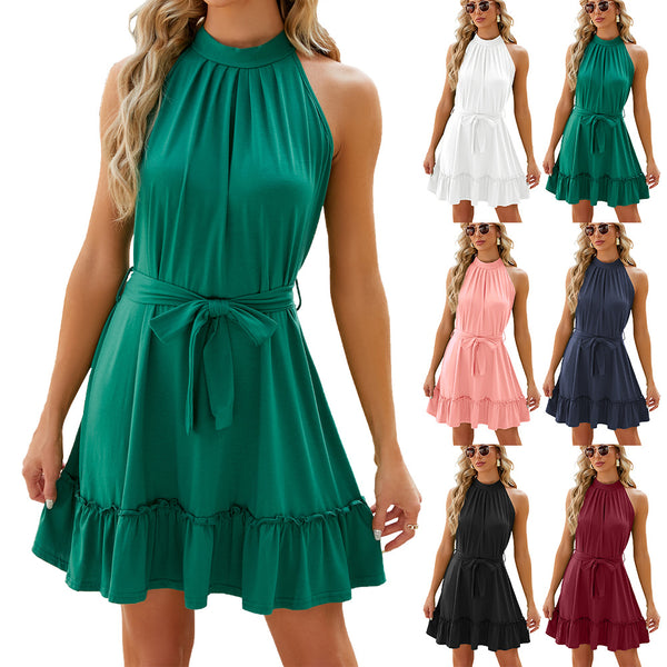 Spring and Summer New Solid Color Round Neck Neck Lace-up Dress for Women