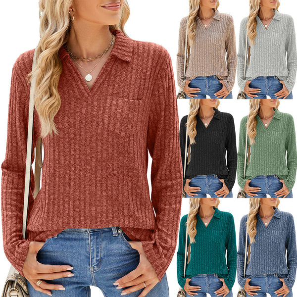 Solid Color Lapel Pocket Long Sleeve Loose T-shirt Top Women