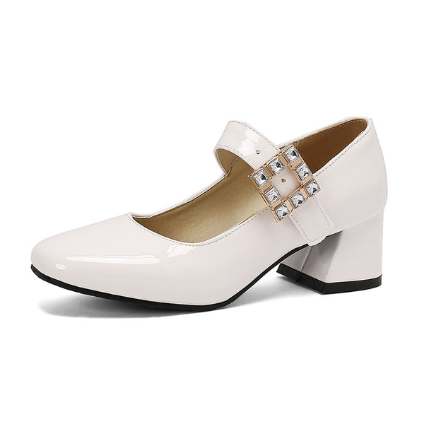 Round Toe Block Medium Heel Women's One-button Lacquered Shallow Mouth Retro Elegant Heels