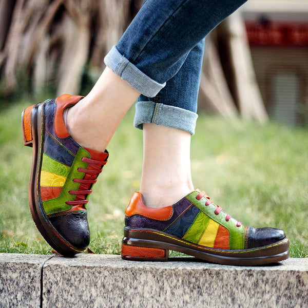 Hand-polished Colored Splicing Spring Leather Women's Shoes