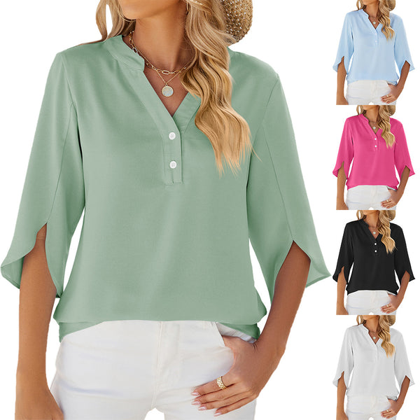 Summer Solid Color V-Neck Medium Sleeve Chiffon Top Women's Chiffon Shirt