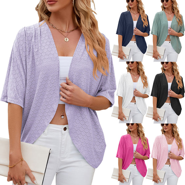 Spring and Summer New Solid Color Medium-sleeved Cardigan Knitted Cardigan Jacket Air-conditioned Shirt