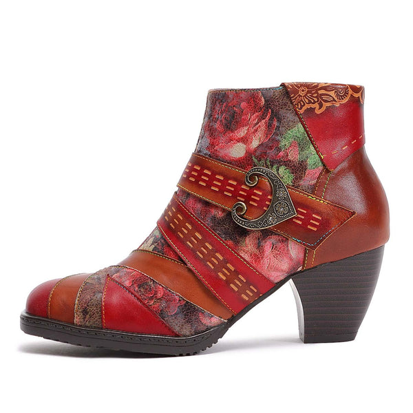 Retro Red High Heels First Layer Cowhide Splicing Low Tube Ethnic Style Flower Fashion Boots