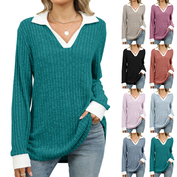 Autumn and Winter New Contrasting Color Lapel Long-sleeved Loose T-shirt Top Women